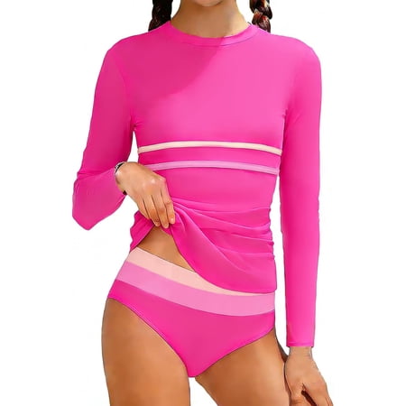 Swimsuit for Girls Size 15-16 Years Girls Rash Guard Swimsuit Long Sleeve Color Stripe Slim Top with Bikini Bottoms Bathing for Girls 7 16T
