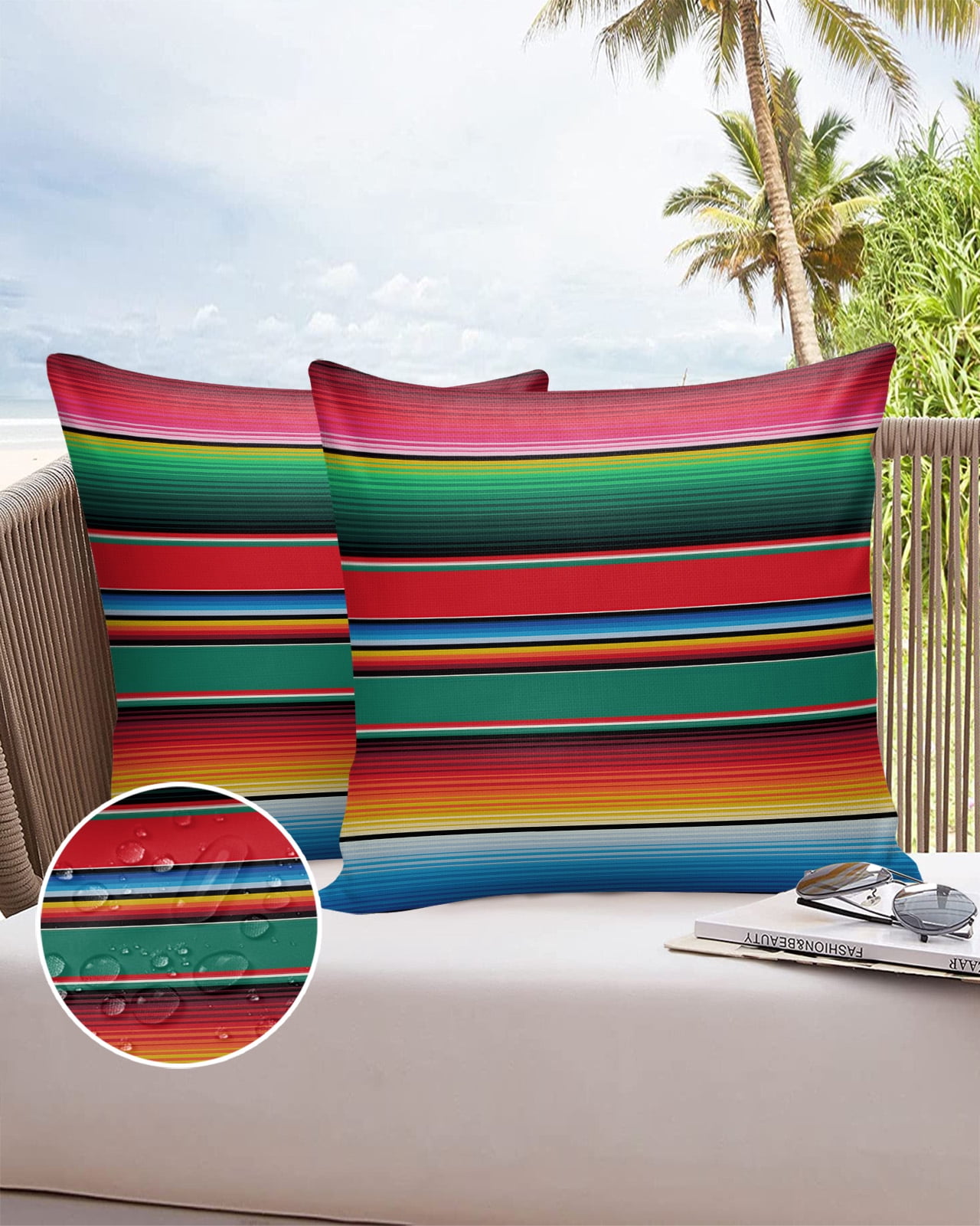Pack of 2 Outdoor Pillow Covers, Colorful Mexican Stripes Green Red Blue Waterproof Square Throw Pillowcase Cushion Decorative Pillow Covers for Couch Patio Tent, 18x18 in