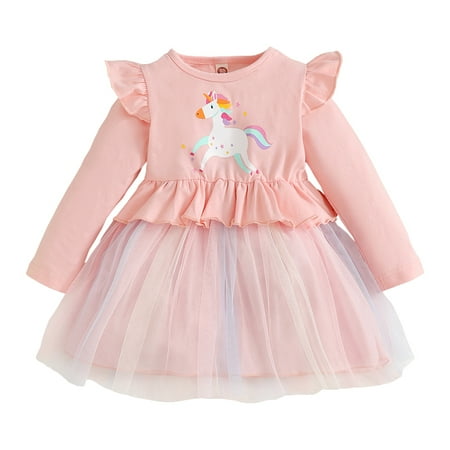 

KIMI BEAR Infant Girls Dress 18 Months Infant Girls Autumn Dress 24 Months Infant Girls Cute Unicorn Print Long Sleeve Mesh Dress Pink