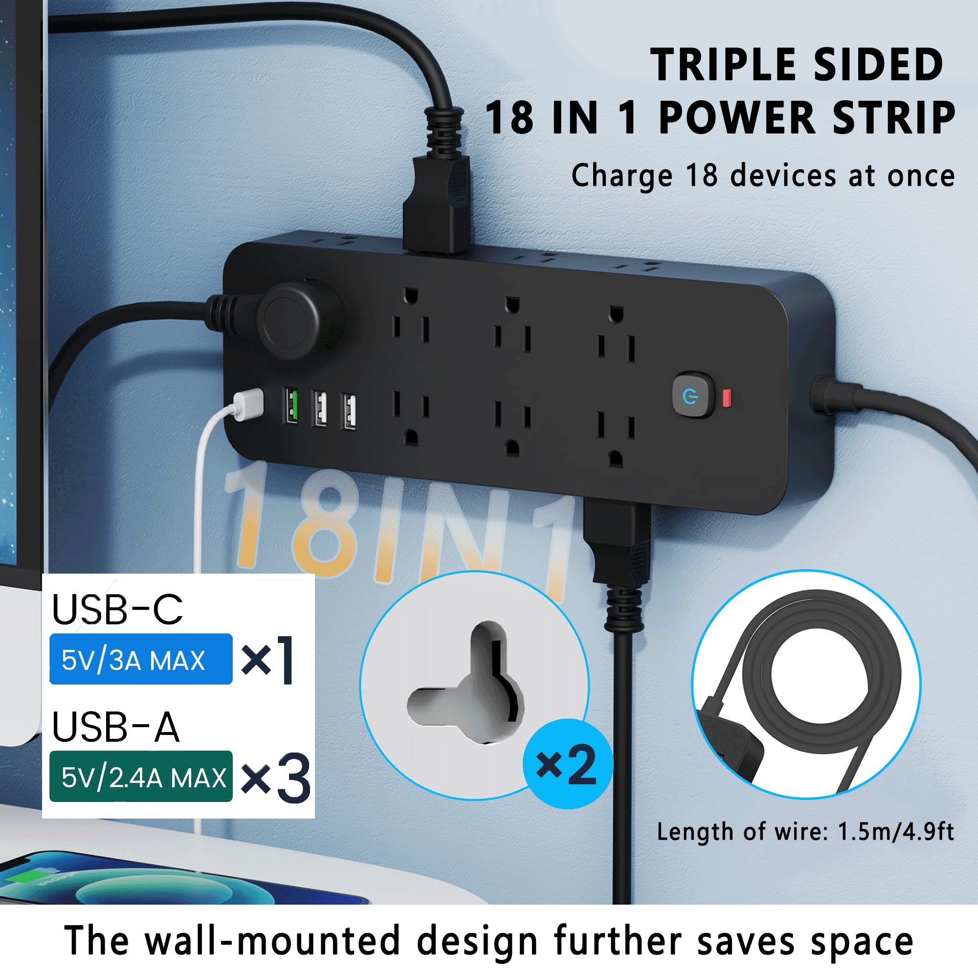 Surge Protector Power Strip with 14 Outlets 4 USB Ports(1 USB-C), 5ft Cord 1875W/15A, Wall Mountable for Home Office