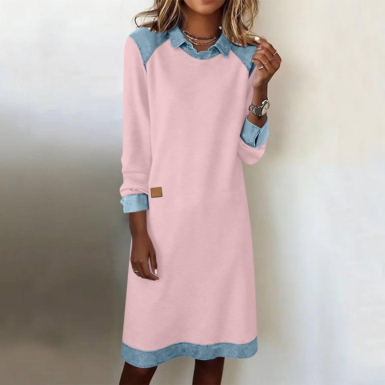 long sleeve pink denim dress Frsasu Women Denim Sweatshirt Dress Long Sleeve Patchwork Lapel Collar Casual Midi Dresses Color Block Pullover Outfits Pink, Women's, Size: 2XL
