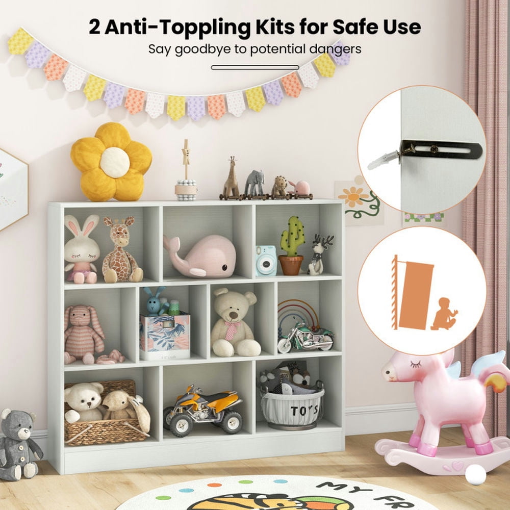 GVN Kids Bookshelf Bookcase, Toy Storage Organizer,41 inches Wooden Toy Storage Organizer with 10 Cubes for Kids-White