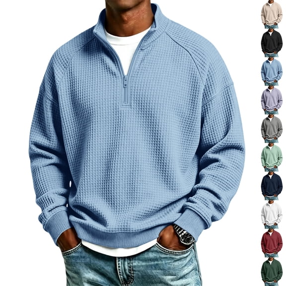 Dresfit Mock Neck Sweatshirt for Men Collared Waffle Sweatshirts Winter Long Sleeve Quarter Zip Pullover Collared Drop Shoulder Knit Shirts L