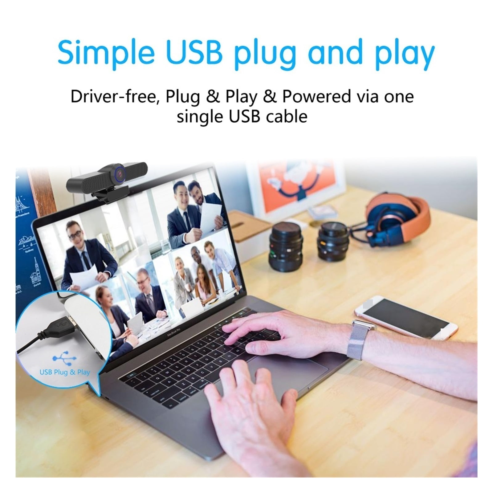 2.5K USB Webcam With 4x Digital Zoom Conference Cam 165 Degree FOV 3 Presets For Living Meeting Education PC, TV ,HD Video