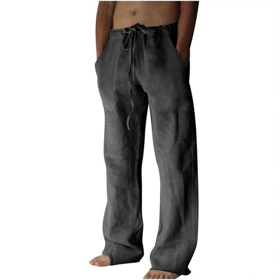 Bazeneo Mens Linen Trousers Elastic Waist Drawstring Summer Trouser Loose Fit Solid Plain Casual Pants Lightweight Wide Leg Bottoms with Pockets Holiday Beach Wear for Men Large