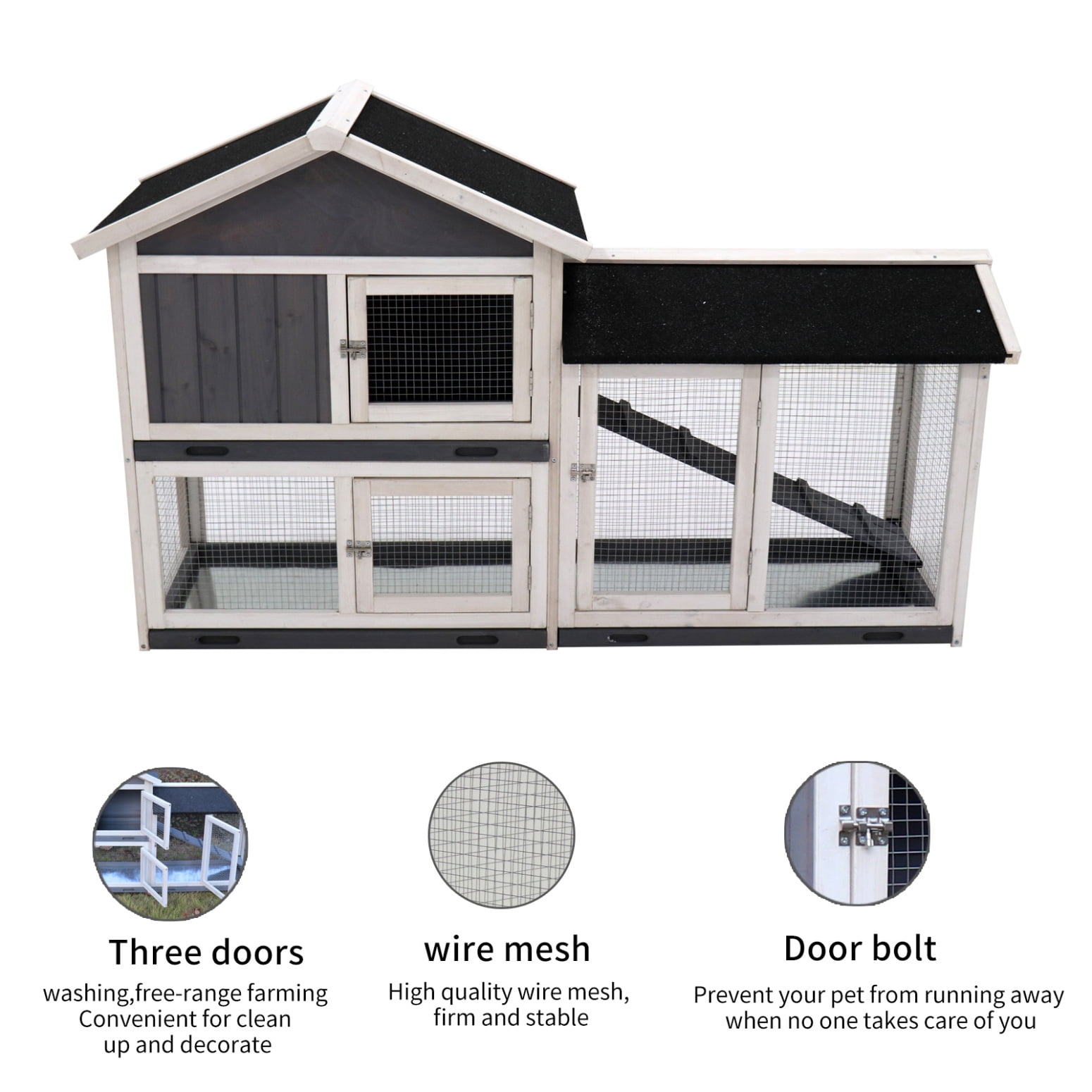 Spacious Indoor/Outdoor Rabbit Cage & Hutch with Removable Trays, 3 Doors, UV Panel & Wire Mesh Floor for Small Animals