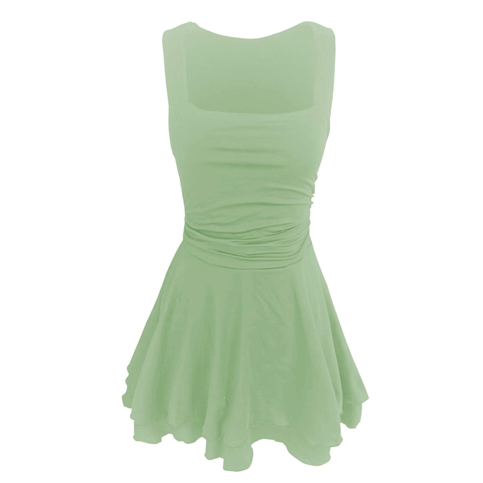 Wuxian Women Tennis Dress Sleeveless Wide Strap Popular Square Neck High Waist Ruched A-Line Ruffle Tiered Flowy Athletic Sport Workout Yoga Mini Dresses,Green,S