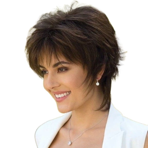 Wig with short straight hair, center-parted bangs and upturned dark brown short hair wig - natural and lifelike, fashionable and versatile