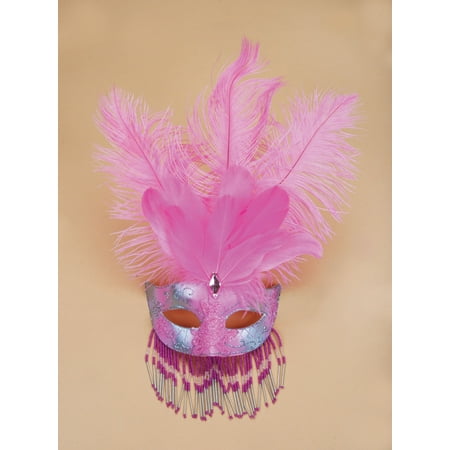 Pink & Silver Venetian Womens Half Mask w Decorative Feathers & Beads