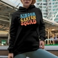 thumbnail image 2 of Kindergarten Squad, Preschool School Teacher or Teaching Themed, Groovy Retro Wavy Text Merch Gift, Black Hooded Sweatshirt or Hoodie, Large, 2 of 5