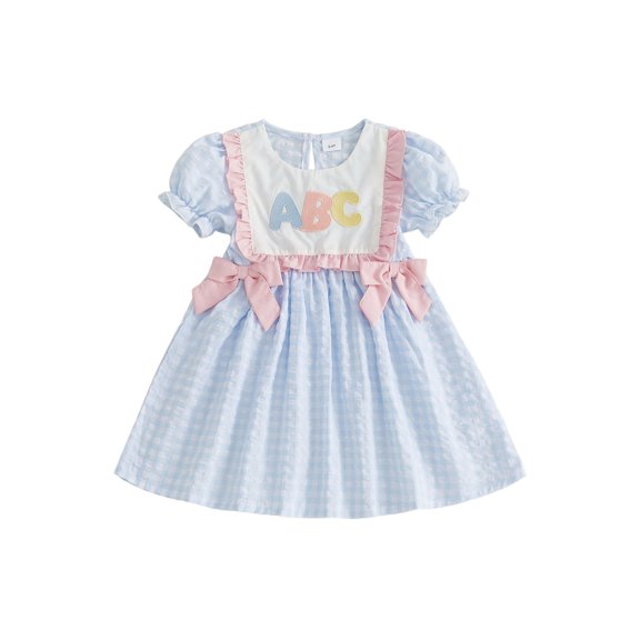 BemeyourBBs Toddler Baby Girl Back to School Dress Kids Kindergarten Outfits Little Baby Girl Gingham Plaid Summer Dress Puff Short Sleeve Letters Embroidered Doll Collar Casual A Line Dress