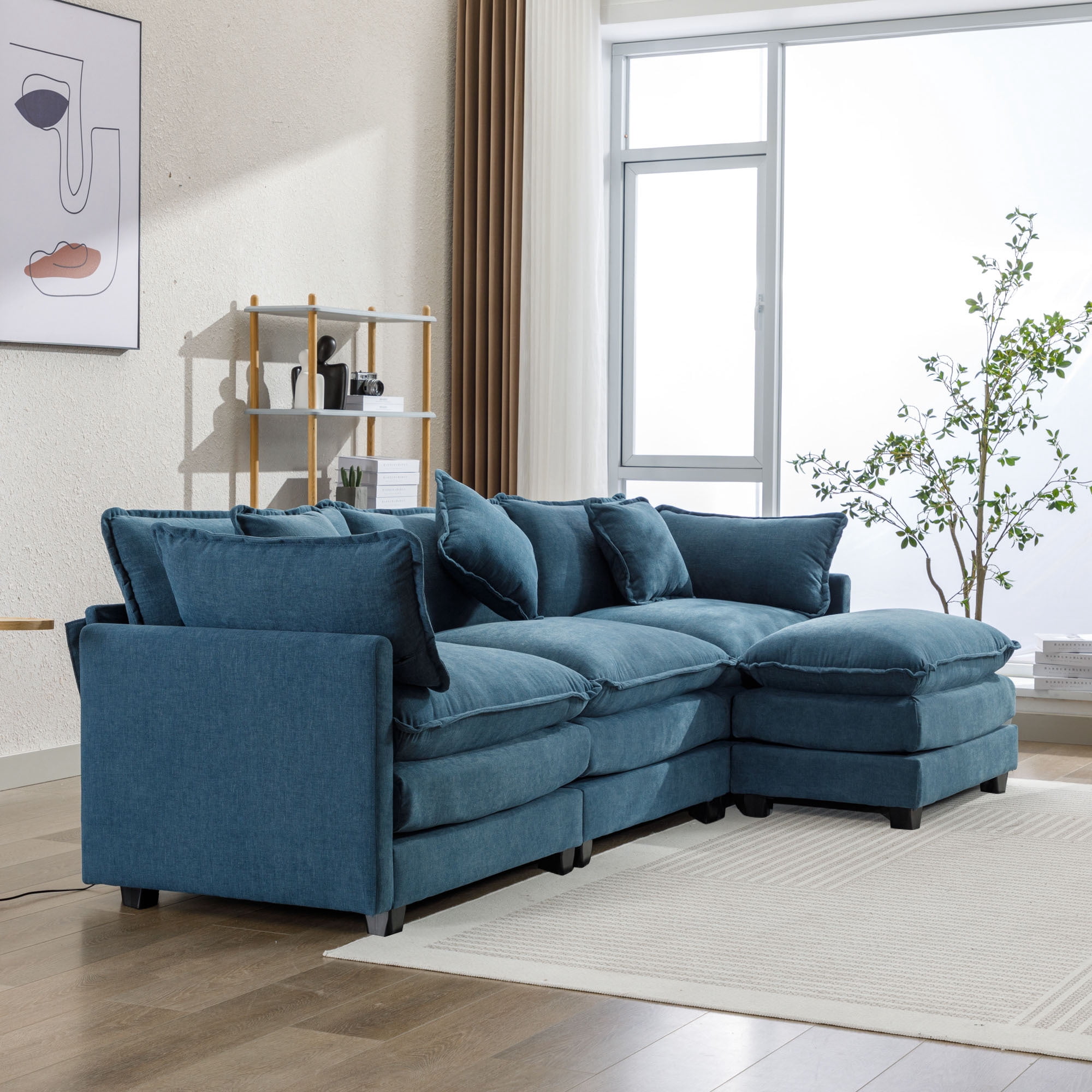 EUROCO 112.2" Modern L-Shape Sectional Sofa Couch, Chenille Upholstered Sofa with Ottoman and 5 Pillows, Indoor furniture for Living Room, Blue