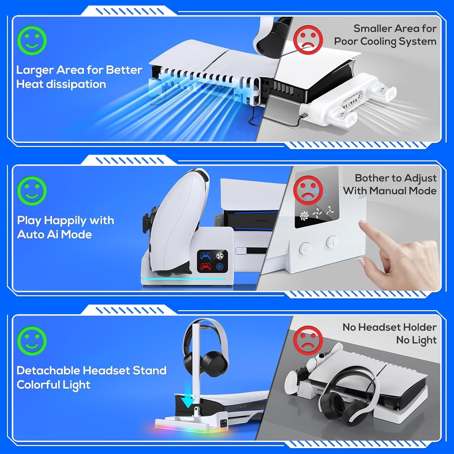 RGB Horizontal Cooling Station Stand for PS5 Slim Console with 2 Controller Charger, Auto Silent Cooling Fan for Playstation 5 Slim Disc / Digital Edition with 14 Light Modes and Headset Holder