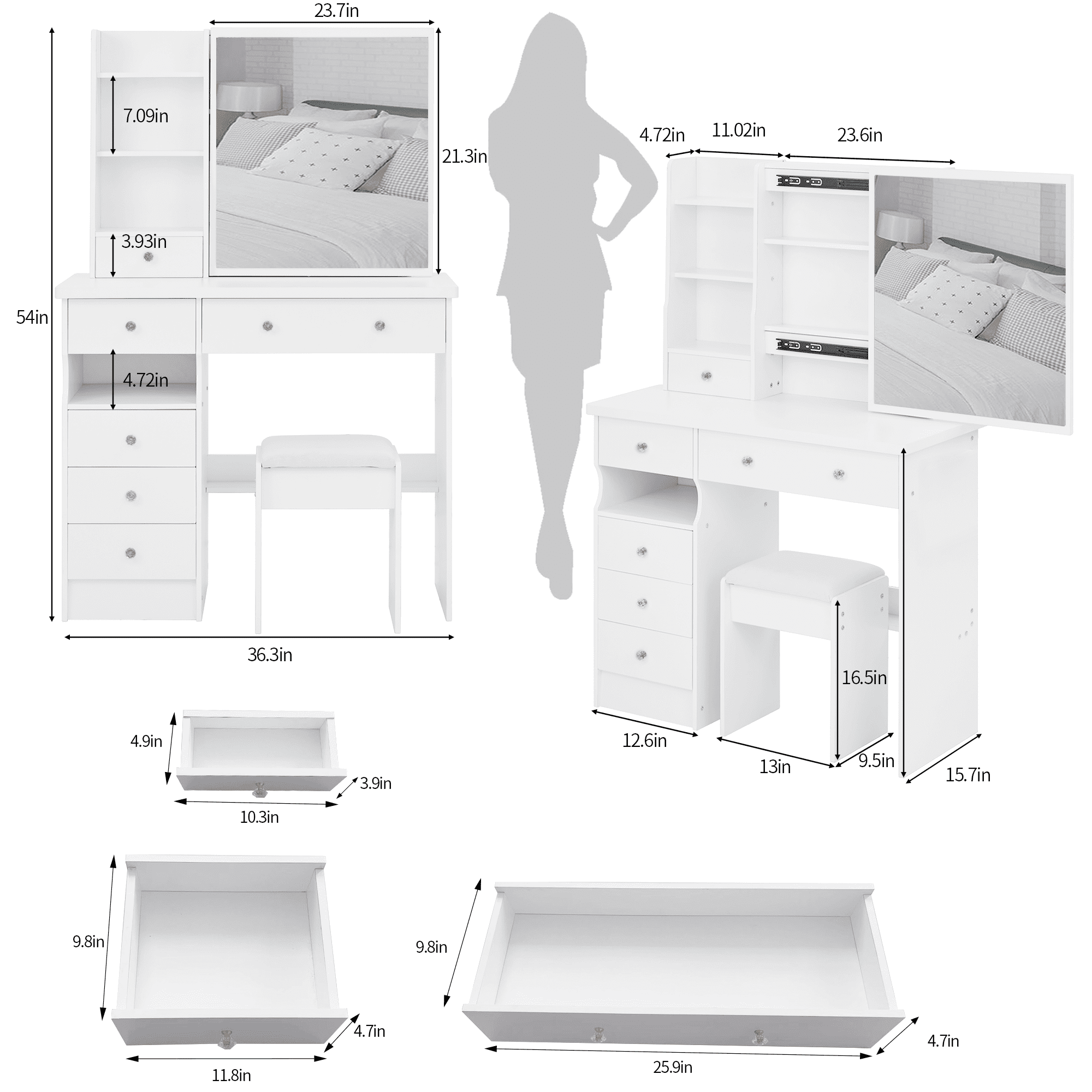Drawer Desktop Vanity Table + Cushioned Stool, Multi Layer High Capacity Storage, Practical Fashionable Dresser White 37"