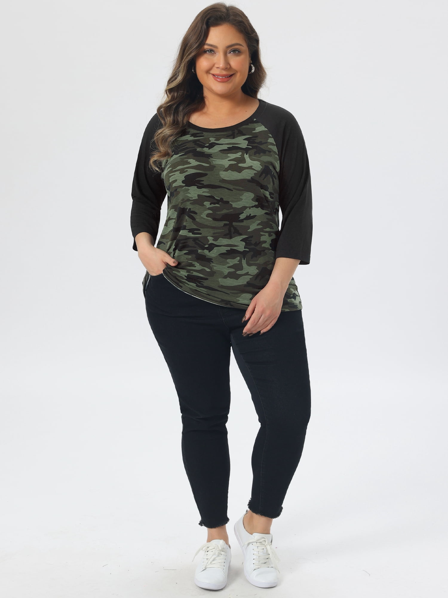 DARING DIVA Women's Plus Size Raglan Crewneck 3/4 Sleeve Floral Tunic Tee 4X Camouflage