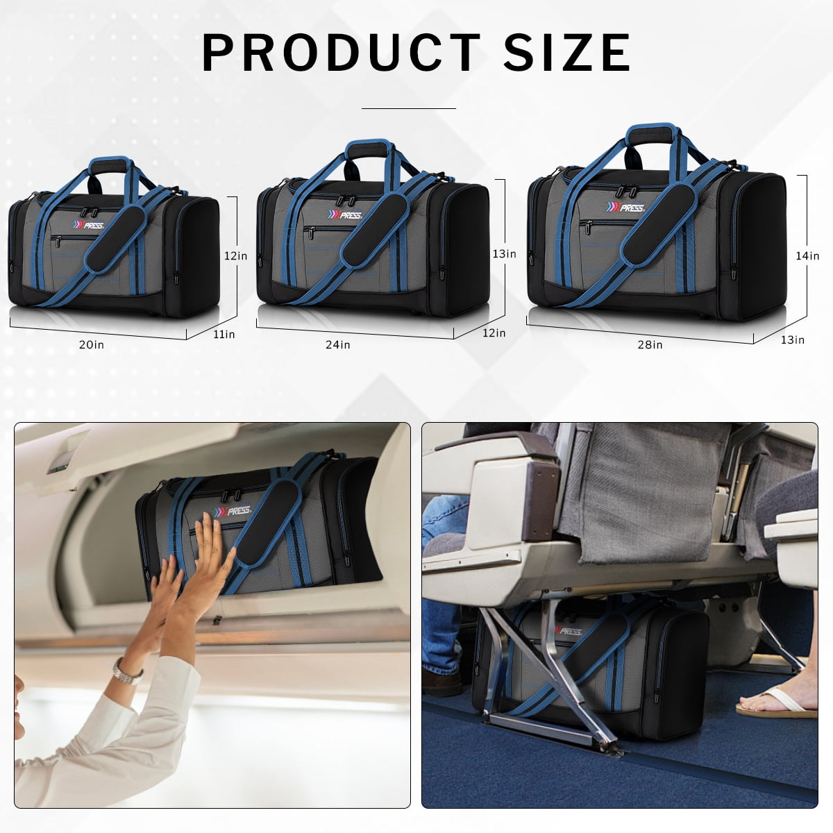 20" Travel Duffel Bag 45L Lightweight Foldable Sports Gym Bag Adjustable Strap Tear-Resistant Weekender Overnight Bag, Blue(LX298)