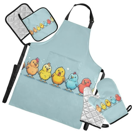 Colorful Chicken Stay in Line Apron Set with Oven Mitts Pot Holders Set of 5 Kitchen Stuff Accessories