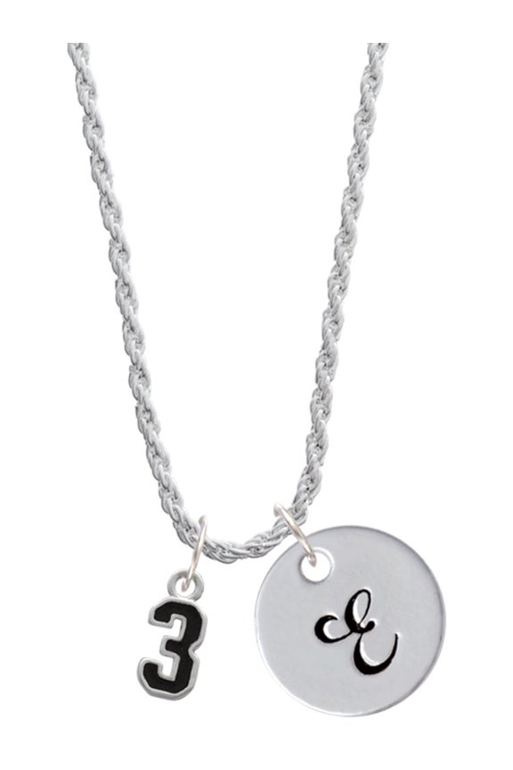 Silvertone Black Number - 3 Silvertone Script Initial Disc - E - Charm Necklace, 20"+3"