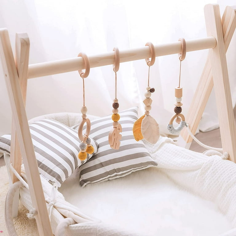 Organic Wooden Play Gym with 4 Gym Toys Foldable Baby Play Gym Frame Activity Center Hanging Bar Newborn Gift