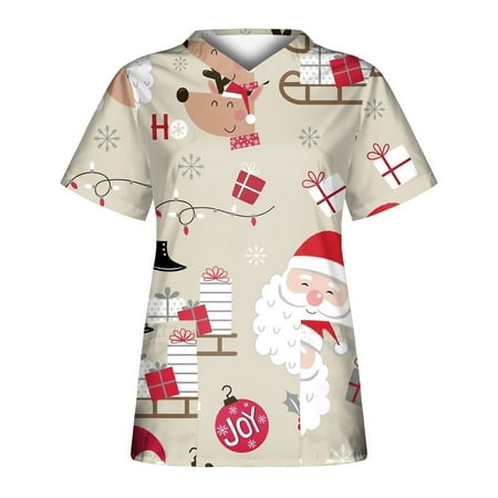 

Youmylove Ladies Scrubs Top Casual Christmas Printed Short Sleeve Pocket Loose Caring Workwear