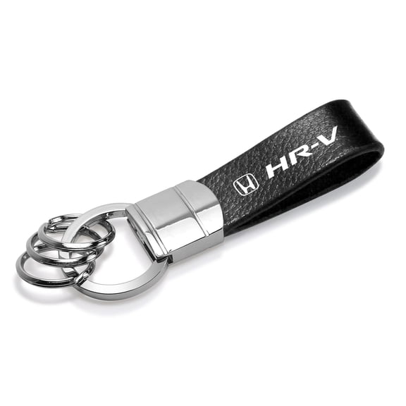 Honda HR-V Black Real Leather Strap Chrome Round Hook Metal Key Chain