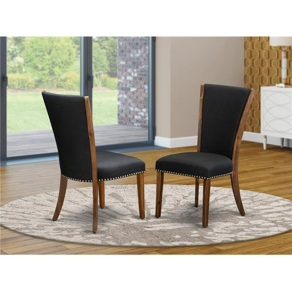 Verona Antique Walnut Wooden Frame Dining Chair with Black Linen Fabric Seat with Nail Head & Stylish Back - Set of 2