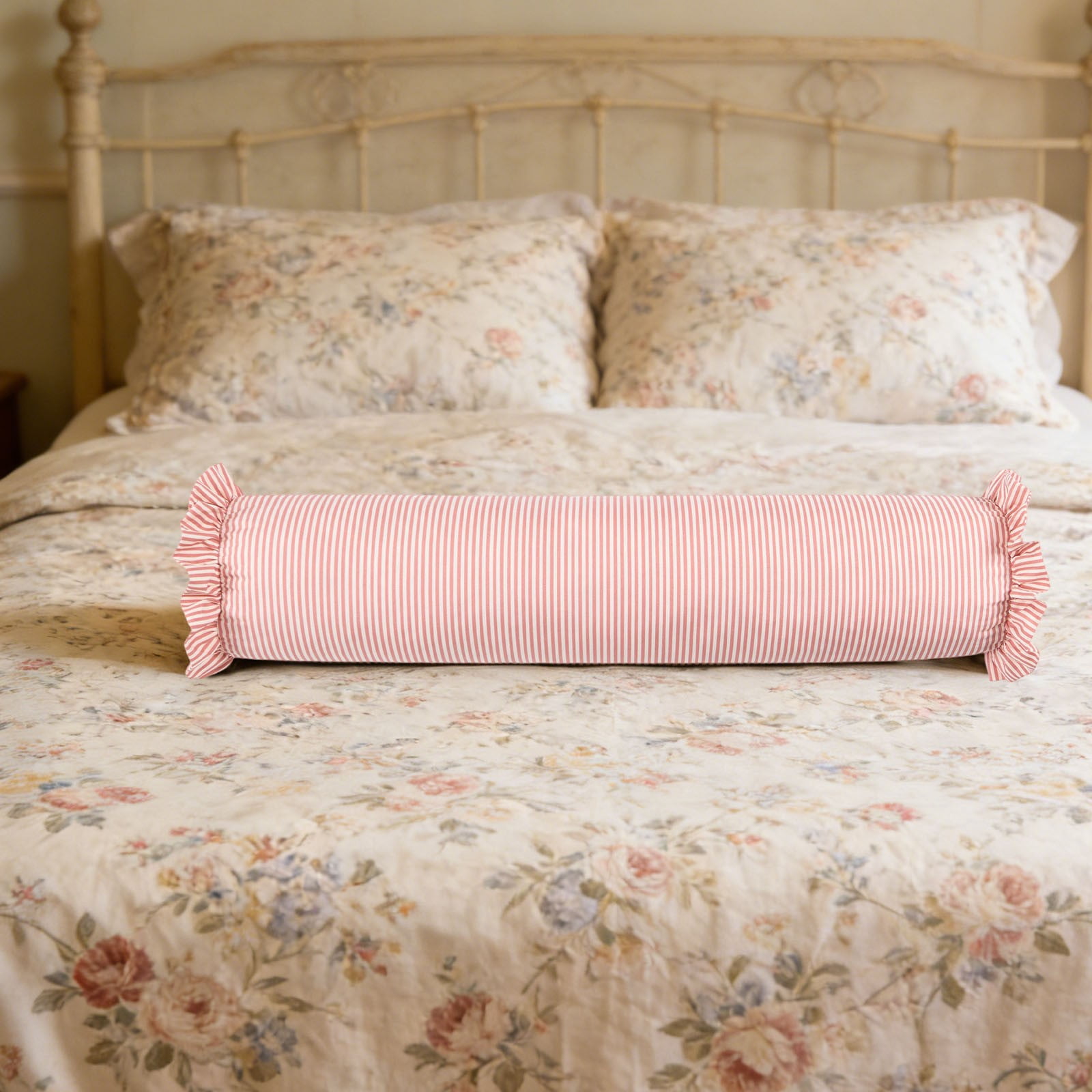 Striped Body Pillow with Ruffled Edges, Large Round Bolster Roll Pillow for Side Sleepers, Tube-Style Hugging Body Pillow for Bed & Sofa, Removable Washable Cover, 36 x 8 Inch, Pink