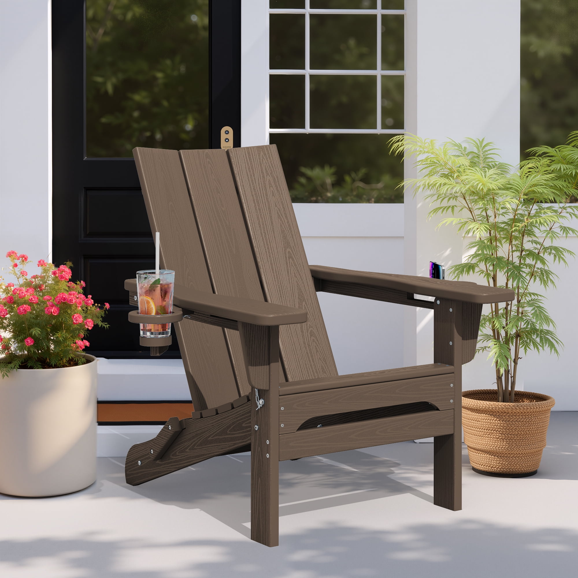 SERWALL Folding Adirondack Chair with 2 Cup Holders & Phone Slot, All-Weather Outdoor HDPE Patio Chair, Foldable Lawn Deck Chair, Brown