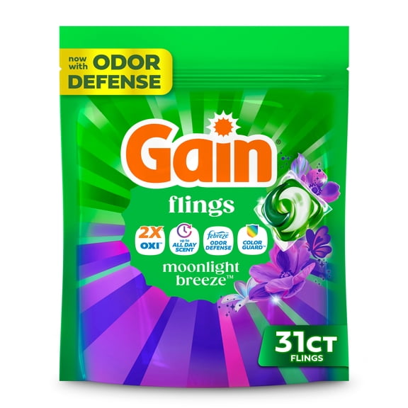 Gain Flings Laundry Detergent Soap Pacs, 4-in-1 Oxi Boost and Febreze, Moonlight Breeze Scent, 31 Count