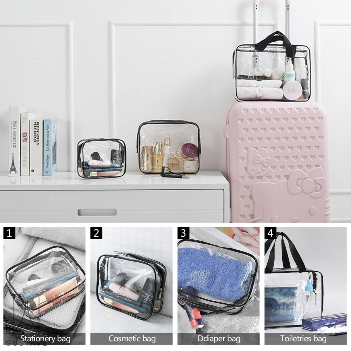 Luxtrada Clear Cosmetic Makeup Zipper Bag PVC Vinyl Plastic Toiletry for Travel Accessories Organizer, 3 Piece Set, Size: Small;Medium;Large