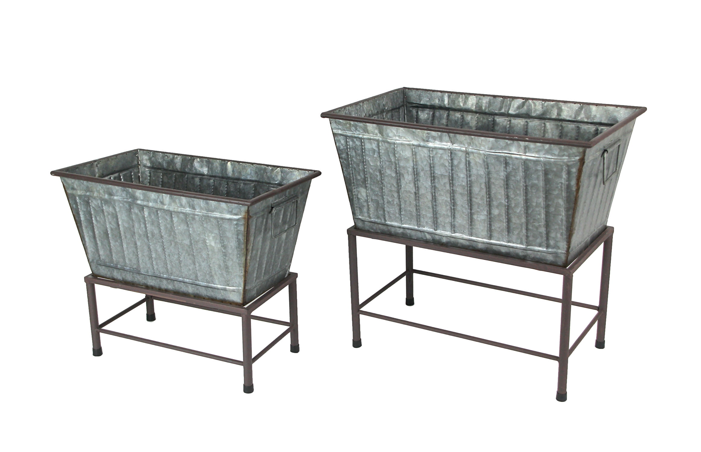 Zeckos Set of 2 Galvanized Zinc Finish Metal Tub Planters On Stands