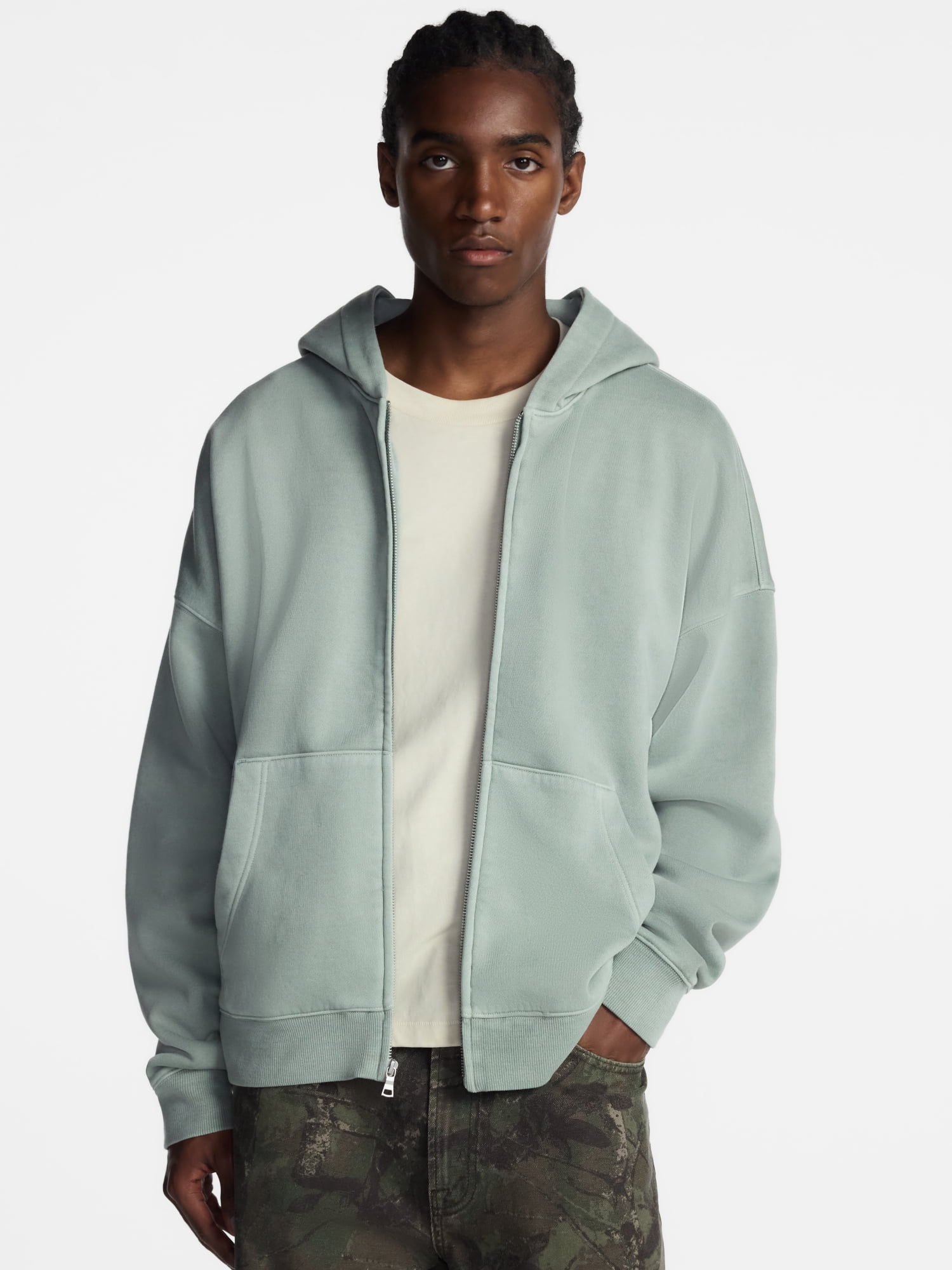No Boundaries Boxy Oversized Fit Fleece Zip Hoodie Sweatshirt with Long Sleeves, Men's XS-4XLT