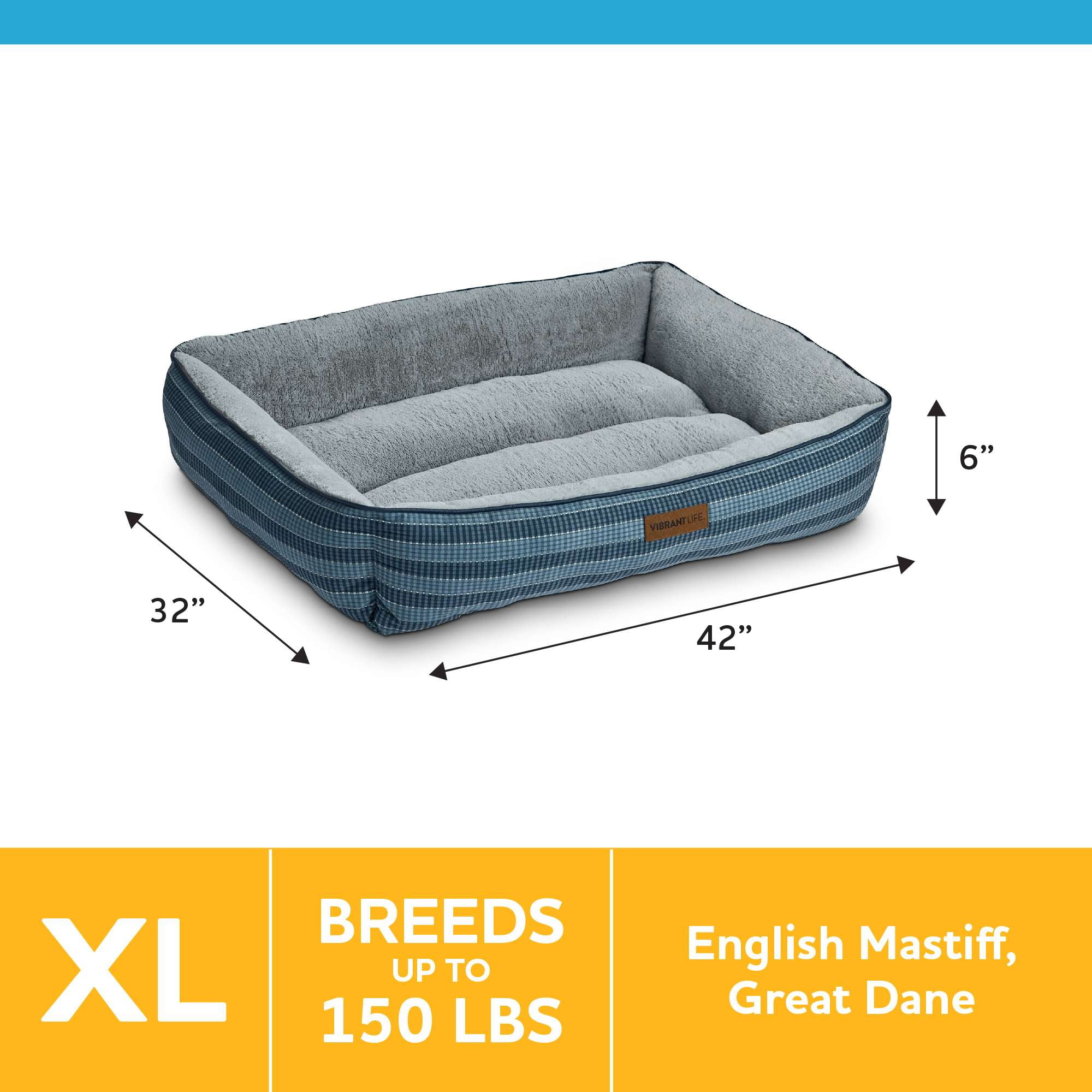 Vibrant Life Extra Large Dog Bed, Bolster Bed for Large Dogs, 42" x 32", Blue