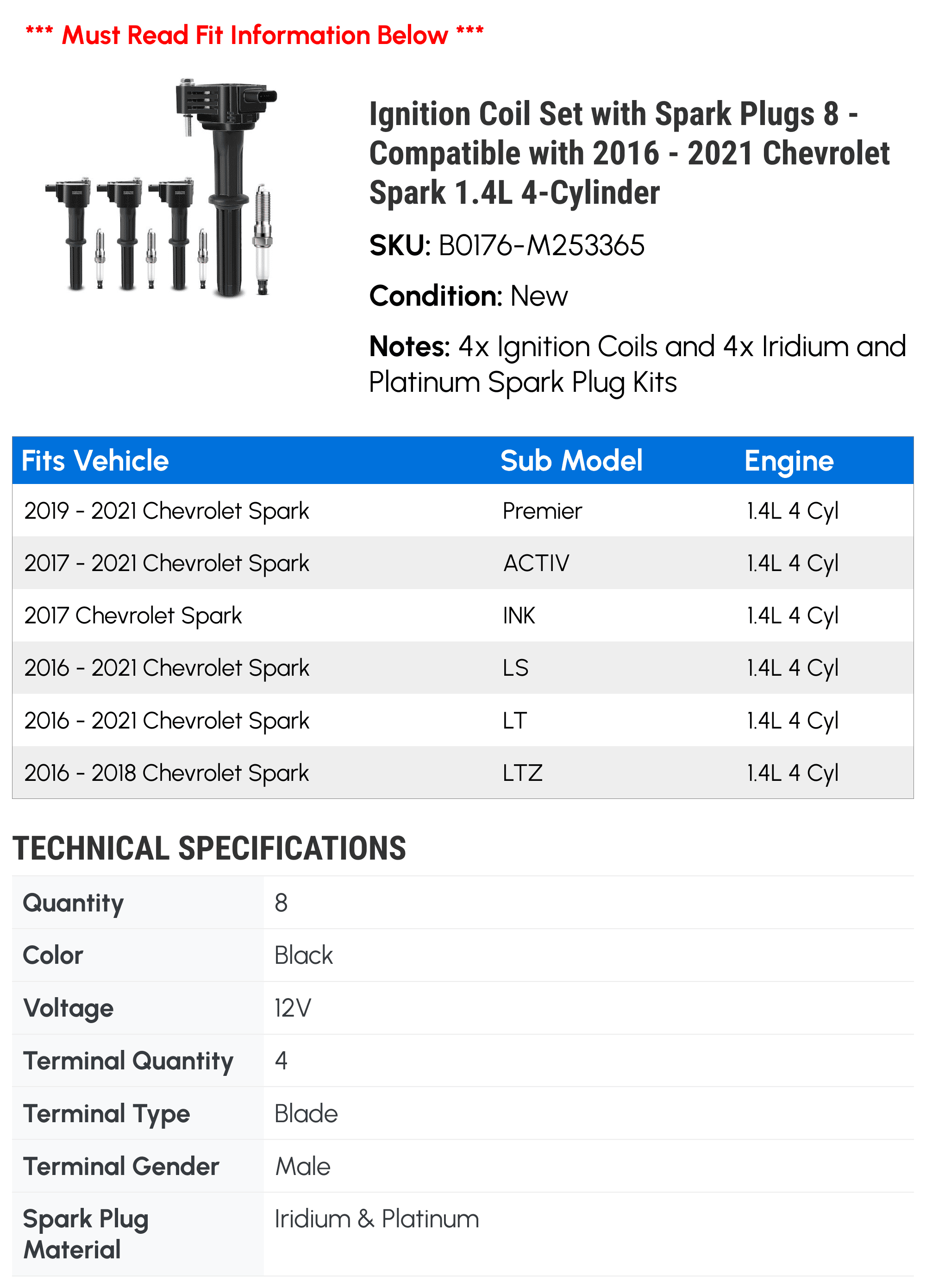 Ignition Coil Set with Spark Plugs 8 - Compatible with 2016 - 2021 Chevrolet Spark 1.4L 4-Cylinder - Autopart Premium