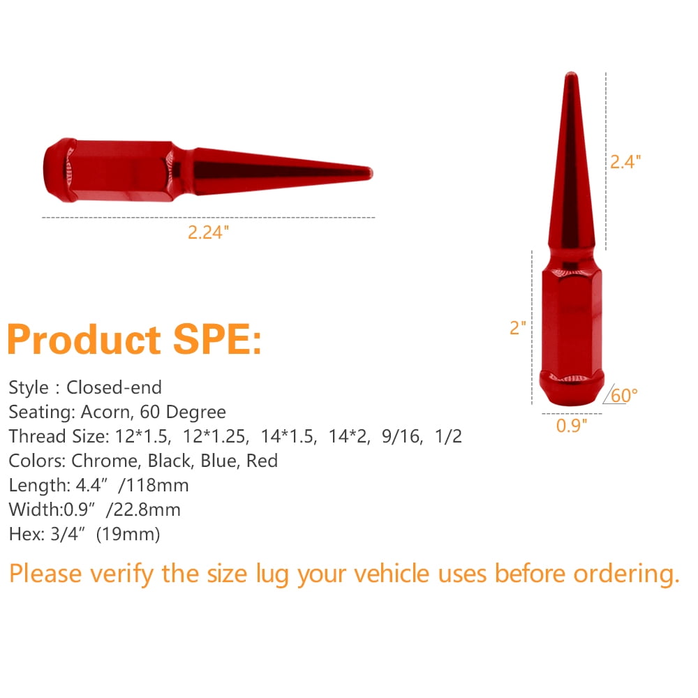 16 pcs M14x2 112mm 4.5" Wheel Car Spike Lug Nuts Red Conical w/ Key