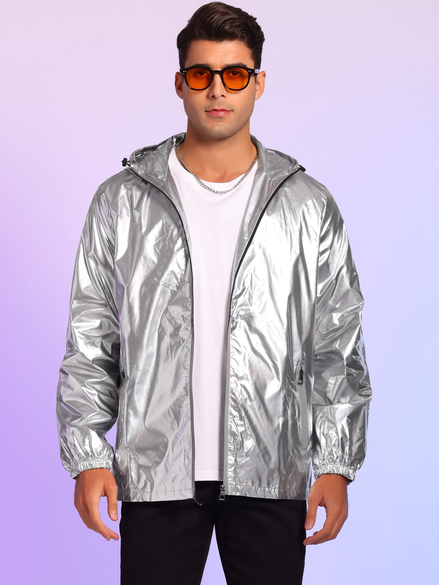 Unique Bargains Men's Metallic Solid Zipper Holographic Hooded Windbreaker Jacket XL Silver