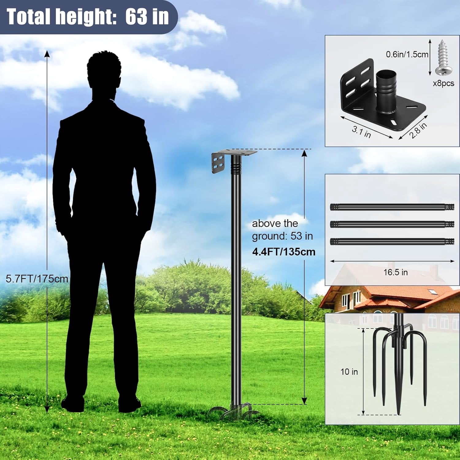 Smart Bird Feeder Pole 1-Inch Dia 63 Inch Bluebird House Pole for Outdoors Weather Station Heavy Duty Metal Mounting Kit Adjustable Bird Feeder Stand Black