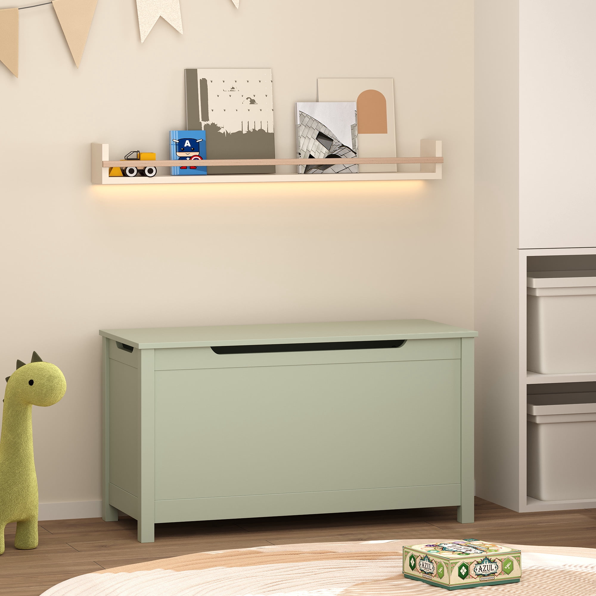 Leumius Kids Wooden Toy Box Storage Organizer with Safety Hinged Lid,Modern Toy Chest for Nursery,Playroom,Sage