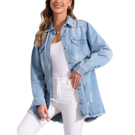 INSPIRE CHIC Women's Denim Distressed Frayed Hem Button Down Jean Jackets XS Light Blue