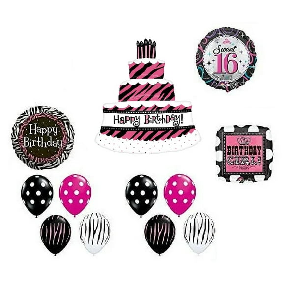 Sweet 16 16th Sixteen Zebra Birthday Party 12 Piece Mylar & Latex Balloons Bouquet Set C