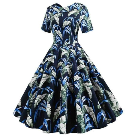 

Women Jumpsuits Casual Fashion Printed Short Sleeve O-Neck Vintage Dress Overalls Blue XL