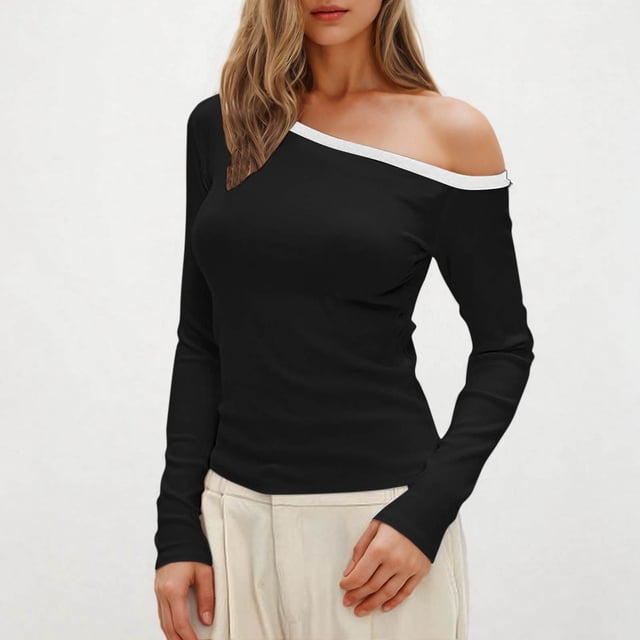 Qtocio Womens Fashion Tops,Solid Color Cold Shoulder Long Sleeve Shirt Slim Style Summer Blouse