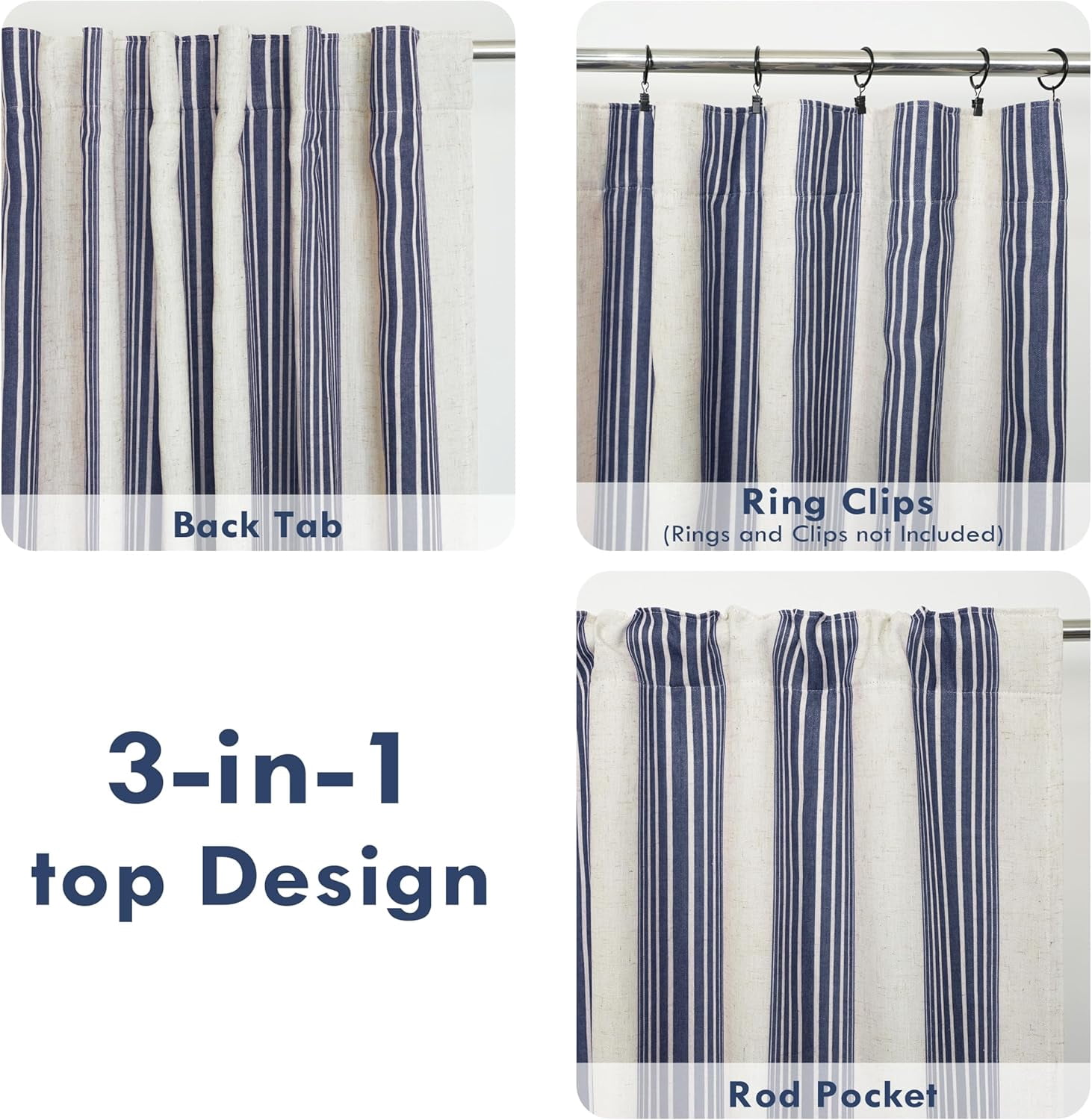 DriftAway Farmhouse Vertical Striped Linen Blend Textured Light Filtering Semi Sheer Curtains for Living Room Bedroom 108 Inches Long Drapes 2 Panels Broad Striped Linen Dark Blue