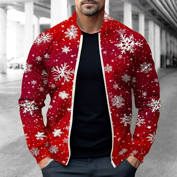 Brondbend Men's Fall Jacket Men's Coats Crew Neck Long Sleeved Zipper Long Outerwear Christmas Print Comfortable Jacket Loose Outdoor Tops Red