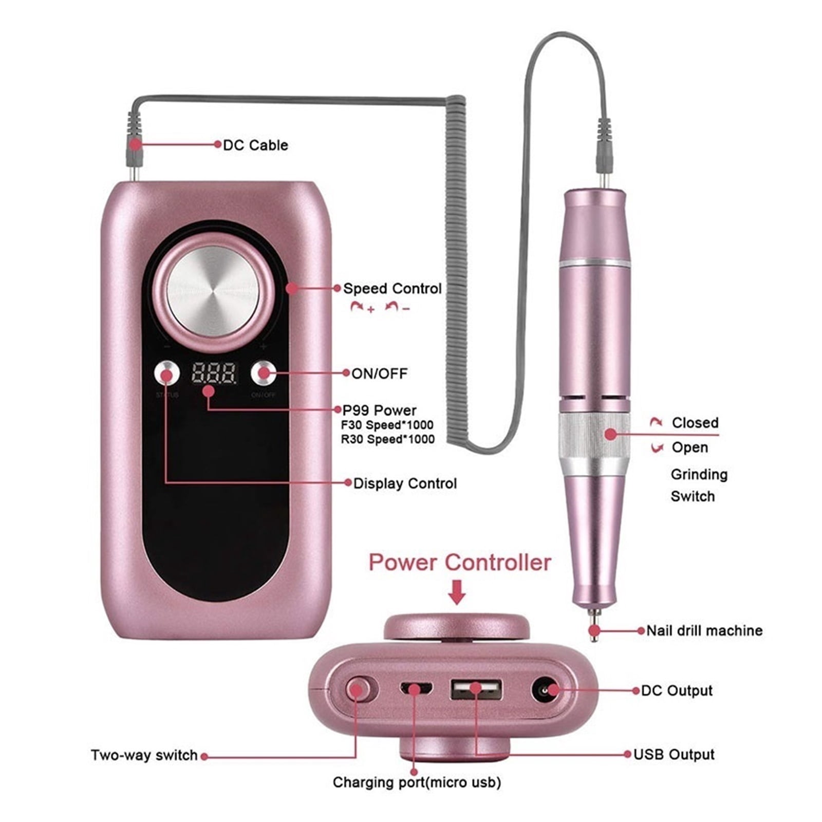 Electric Nail Drill Machine, 30000RPM Pro Manicure Machine, Apparatus For Manicure, Pedicure Kit Nail File With Cutter Nail Tool ,Low Noise