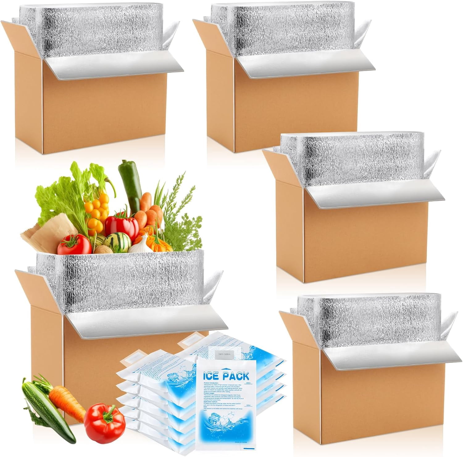 4 Pcs Thermal Insulated Shipping Boxes for Frozen Food with Ice Pack and Aluminum Foil Liner for Shipping Big Cold Pack Cooler Mailing Boxes for Moving Hot Frozen Food
