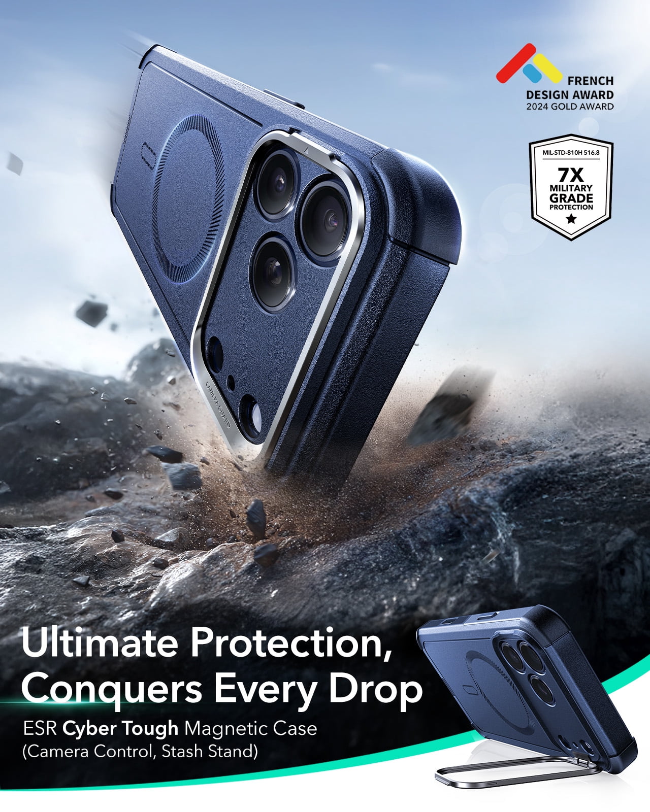 ESR Case with Stash Stand Compatible with iPhone 17 Pro, 7X Military-Grade Drop Protection & Camera Control, MagSafe Compatible Shock-Absorbing, Navy Blue