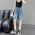 thumbnail image 5 of XAOWF Child Girls Casual Distressed Denim Shorts Retro Comfortable Elastic Waist Slacks Outdoor Play Everyday Wear 5-16 Years Relaxed Fit Trendy Trousers, 5 of 9