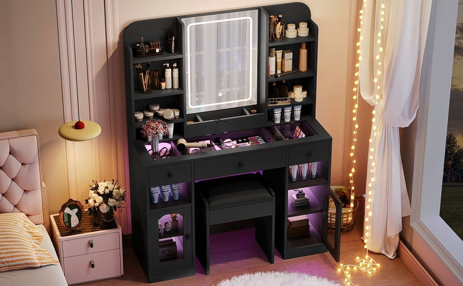 Mintazer 43.2" Vanity Desk with LED Mirror & RGB Glass Light Cabinets, Dressing Table with Charging Station & 3 Drawers, Makeup Vanity Table Set with Storage Shelves & Stool for Bedroom, Black