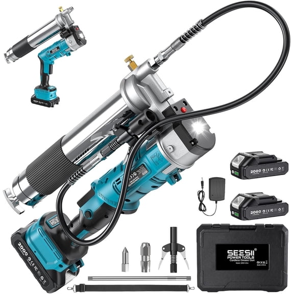 Seesii Cordless Grease Gun 5.3 oz/min 12000 PSI 2-in-1 Electric Grease Gun Kit with 2 * 2.0AH Batteries and Charger, 39.4" Hose & LED Light for Tractors, Trailers, Machine Maintenance
